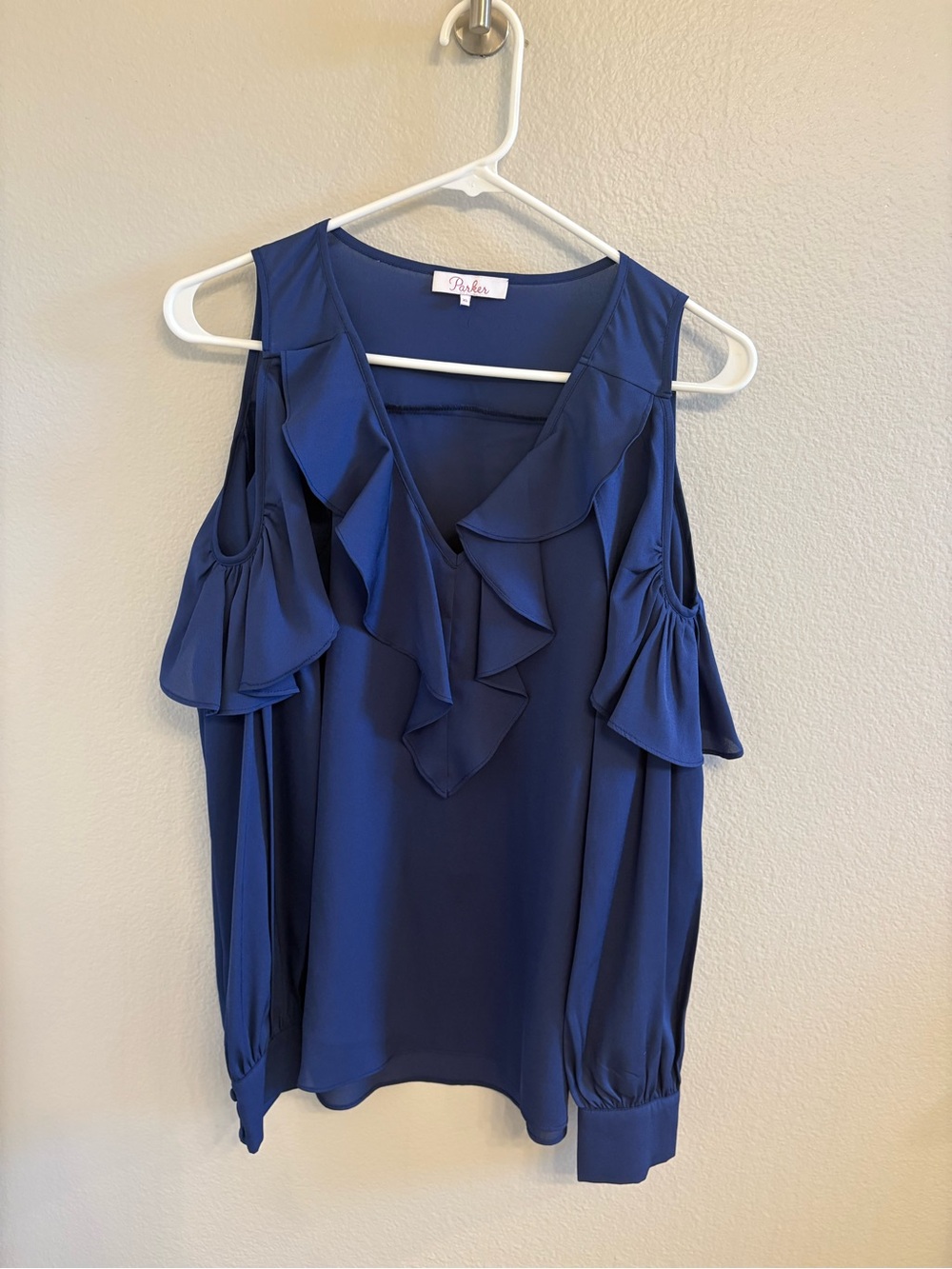Parker Royal Blue Cold-Shoulder Ruffle Blouse